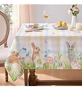 Softalker Spring Easter Tablecloth Rectangle - Bunny &amp; Eggs Buffalo Plaid Flower Table Cloth, Sta...