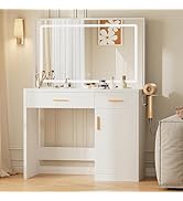 Sweetcrispy Vanity Desk with 35.4" LED Mirror and Lights, Makeup Vanity Table with Charging Stati...