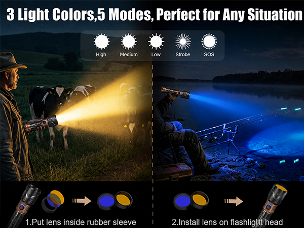 SKYFIRE Rechargeable Flashlight with Ignition Lens &amp;amp; White Yellow Blue Light