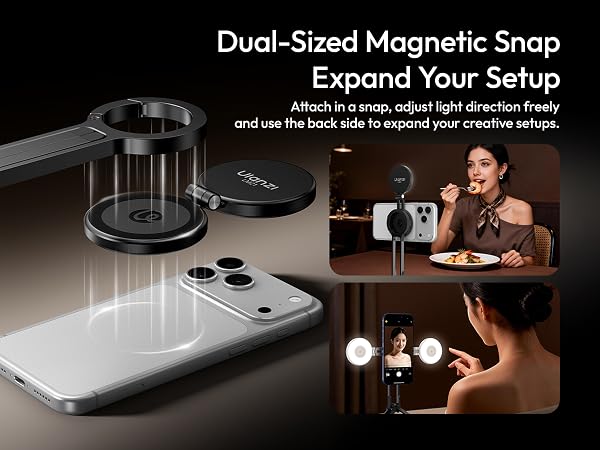 Text reads 'Dual-Sized Magnetic Snap'. Black circular magnetic device shown with directional movement indicators in a dark environment.