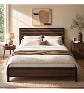 LIKIMIO Queen Bed Frame with Headboard, Mid-Century Modern Platform Bed Frames with Heavy Duty Me...
