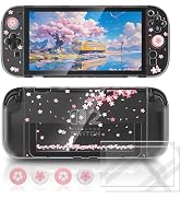 Kawaii Switch 2 Case – Dockable Clear Protective Cover with Cherry Blossom &amp; Cat Design, Tempered...