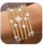 Yoosteel Gold Beaded Bracelets Set for Women, 14K Gold Plated Dainty Round Bead Ball Pearl Cross ...