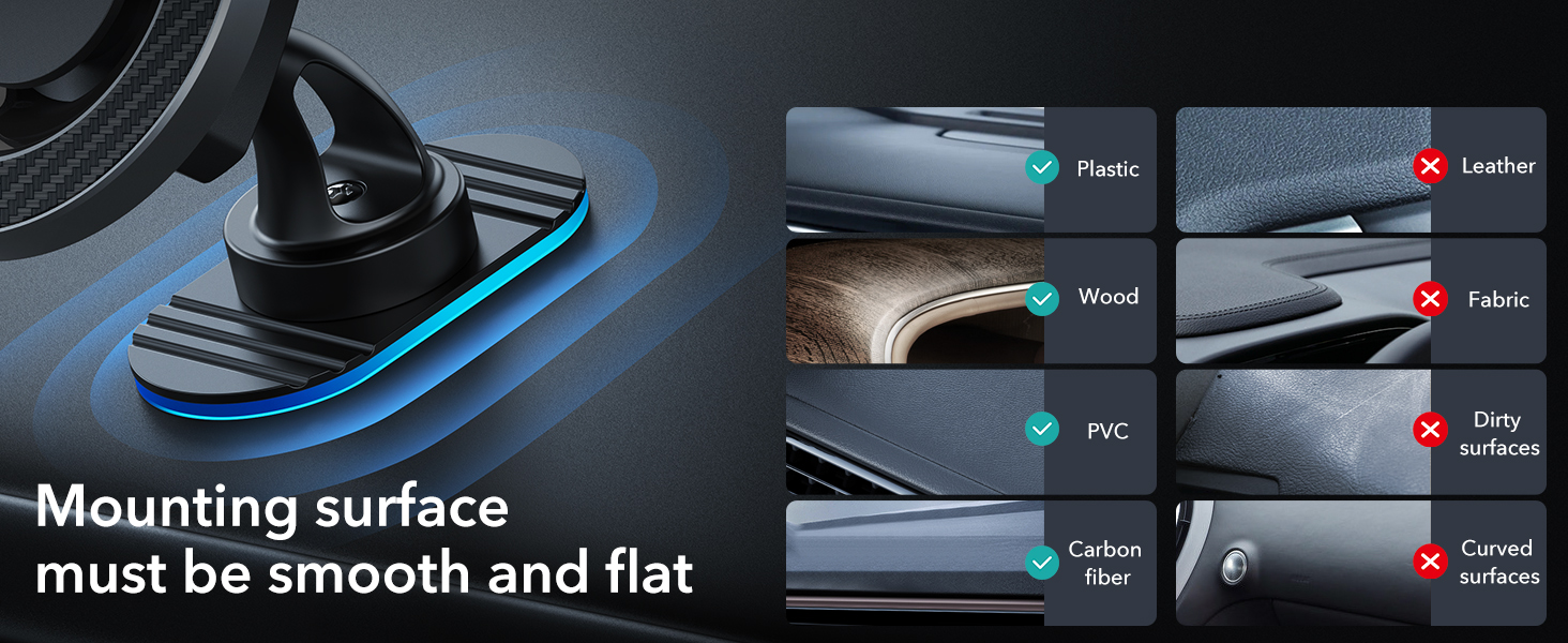 Infographic showing various mounting surfaces for an unspecified product. Includes images of materials like plastic, wood, and carbon fiber with approval indicators.
