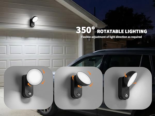 Text reads '350° ROTATABLE LIGHTING'. Multiple identical circular light fixtures mounted on white textured wall, showing adjustable positioning capabilities.