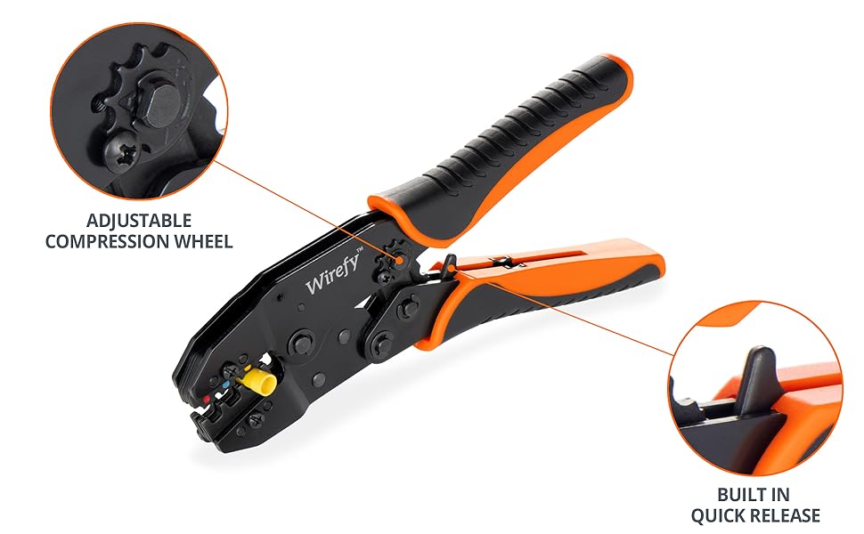 Wirefy crimping tool for nylon connectors compression adjustment wheel quick release trigger