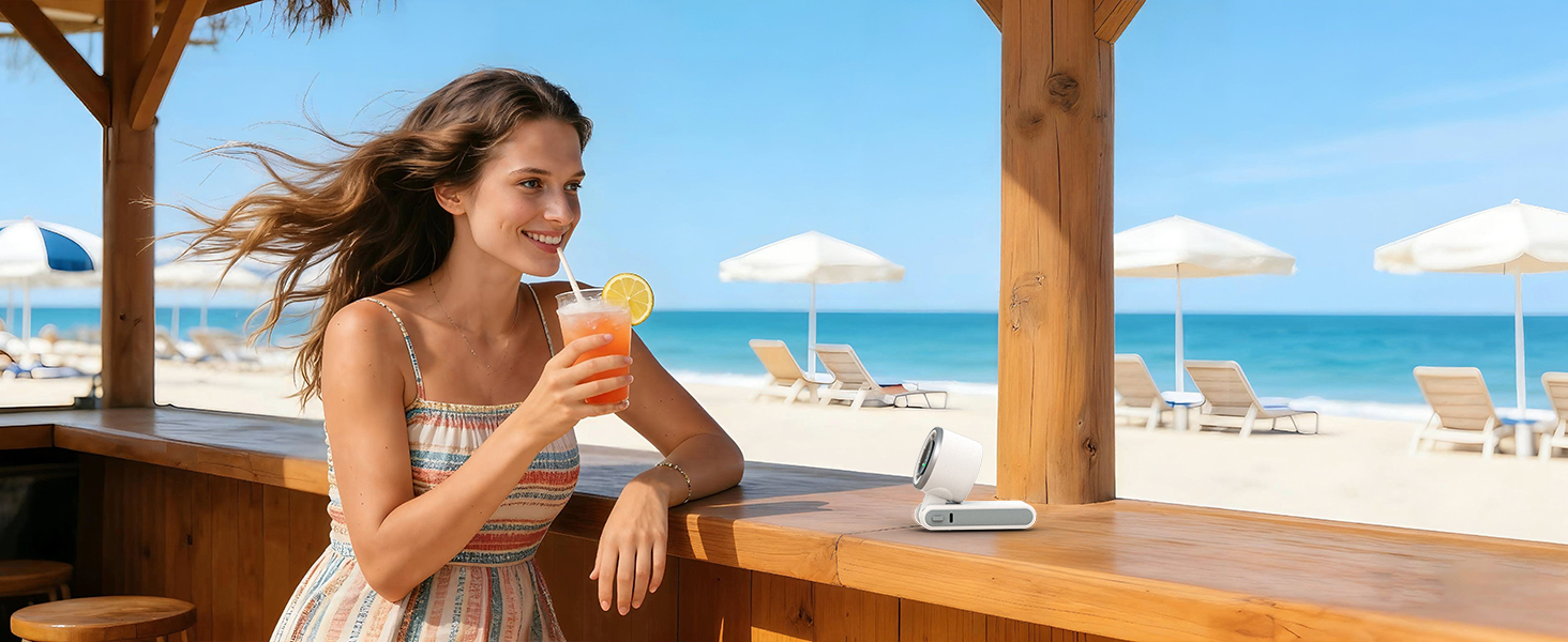 Relaxing vacation essentials white portable fan on table quiet personal fan for summer beach bar
