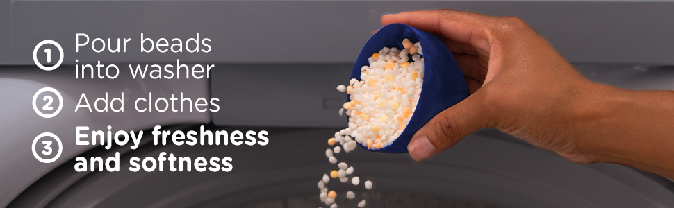 Pour beads into washer, Add clothes, Enjoy freshness and softness