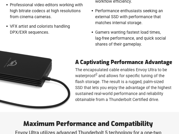 THNDERBOLT 5 4 3 TB5 USB-C EXTERNAL PORTABLE STORAGE ENCLOSURE SSD DRIVE BUILT IN CABLE USB4