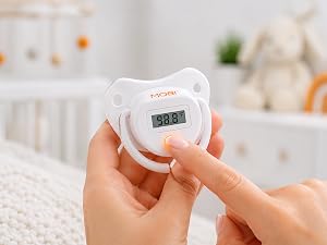 One-button control on MOBI Pacifier Thermometer for easy temperature checks.