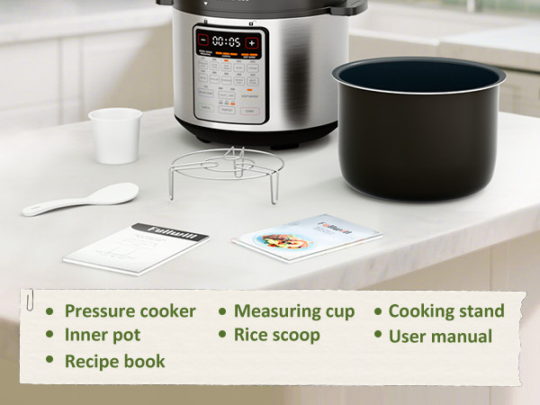 Complete set: Pressure cooker, inner pot, cooking tools &amp; recipe book. Cook like a pro instantly.