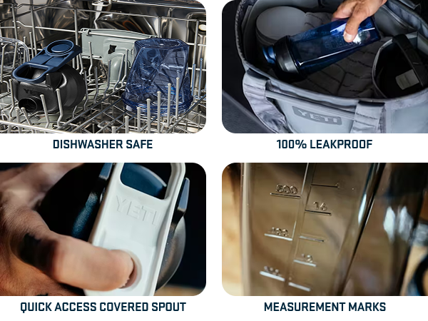 dishwasher safe, 100% leakproof, quick access covered spout, measurement marks