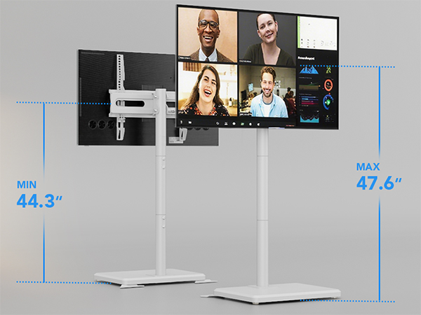 Text shows measurements: '47.6' and '44.5'. Video conferencing setup display showing multiple participant windows in a grid layout with height measurements indicated in blue.