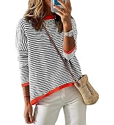 Dokotoo Womens 2024 Long Sleeve Tops Sweaters Casual Crewneck Striped Color Block Drop Shoulder C...