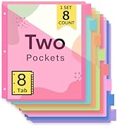 Taja 8 Count Dividers for 3 Ring Binder with Two Pockets, 8 Tabs Set, Plastic Binder Index Divide...