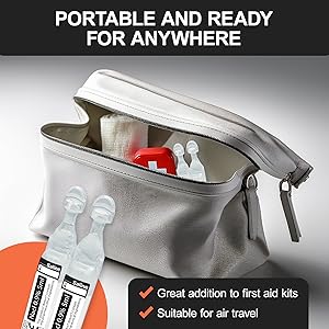 Healthcare Zoo saline ampoules packed in a travel bag, portable and suitable for air travel