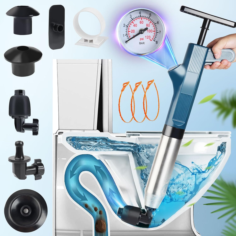 Toilet Plunger Set, Drain Clog Remover Tools High Pressure Air Drain Blaster with Visual Barometer and 3 Hair Clog Auger, Toilet Unclogger Plungers for Bathroom, Sink, Kitchen, Clogged Pipe