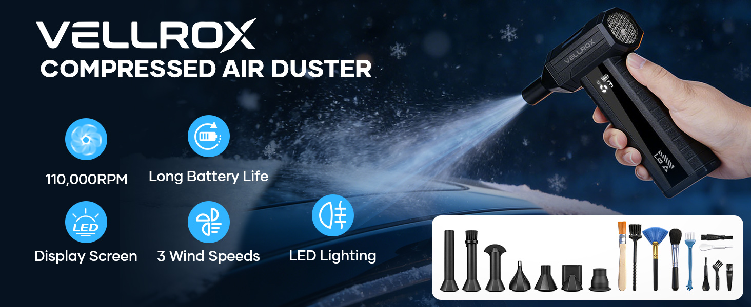 The VELLROX Mini Blower, a powerful Electric Air Duster, clears light snow from your car in seconds