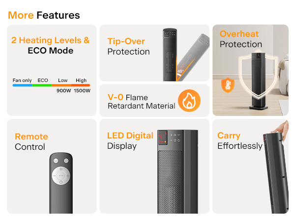 4 Modes, Tip-over protection, overheat protection, Remote, Carry handle