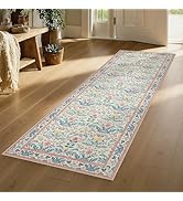 Joydeco Boho Floral Bathroom Kitchen Runner Rugs Non Skid Washable, Light Pink 2x6 Rug Runners fo...