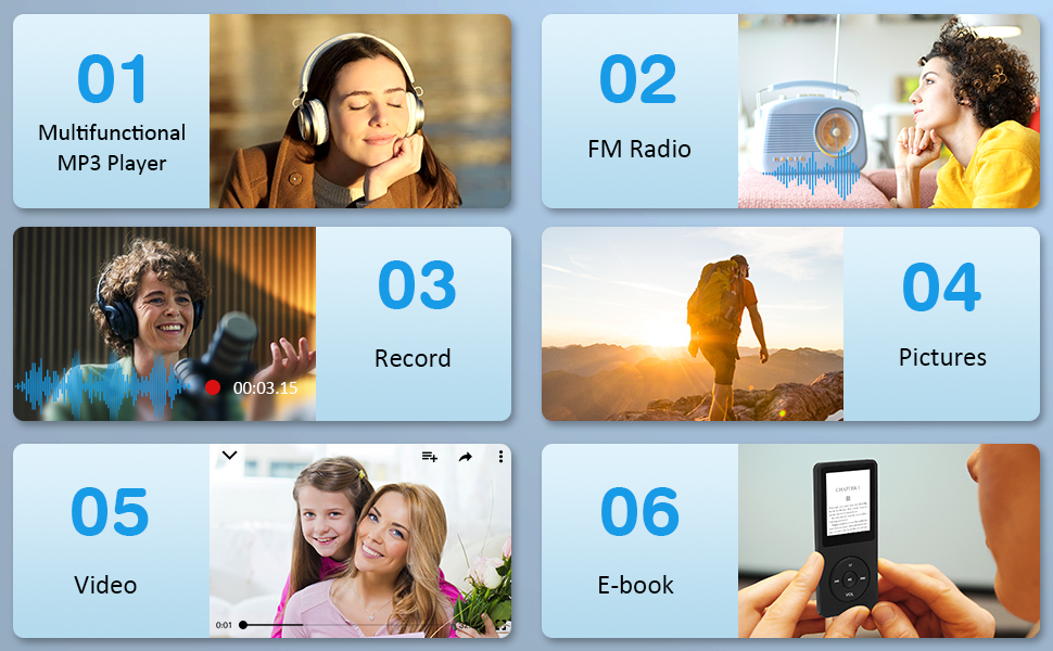 Six-panel feature overview displaying device functions: MP3 player, FM radio, record, pictures, video, and e-book capabilities.