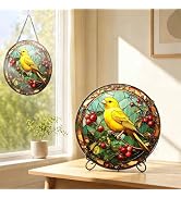 Stained Glass Window Hanging - Yellow Bird Canary Suncatcher for Window Door Hang or Stand Home D...
