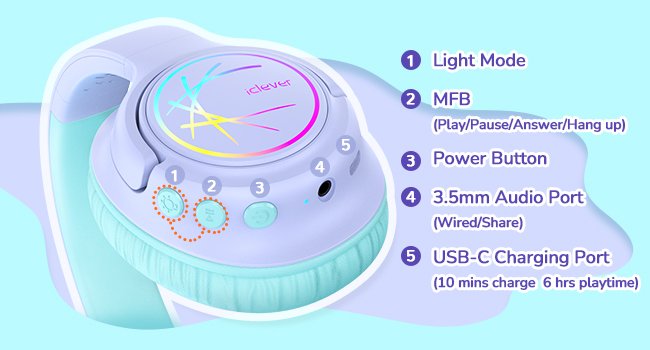 iClever_BTH18_Kids_Bluetooth_Headphones_Wireless_Purple_LED_Light