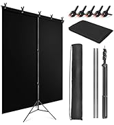 JEBUTU Black Backdrop Background with Stand for Photoshoot, 5x6.5ft Black Photo Backdrop Curtain ...