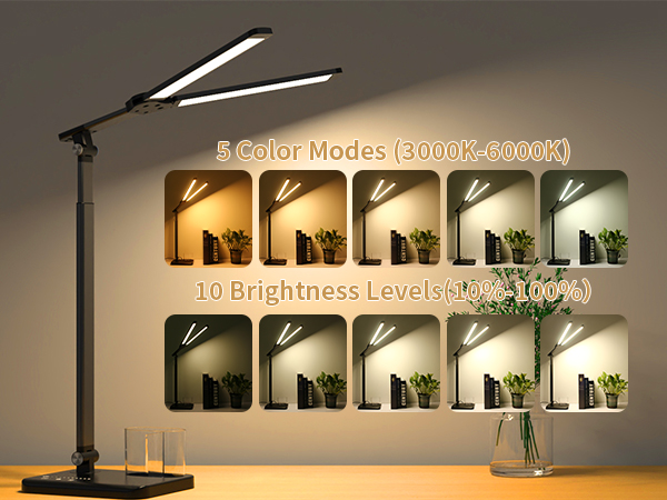 Led desk light has 5 color modes and 10 brightness levels.