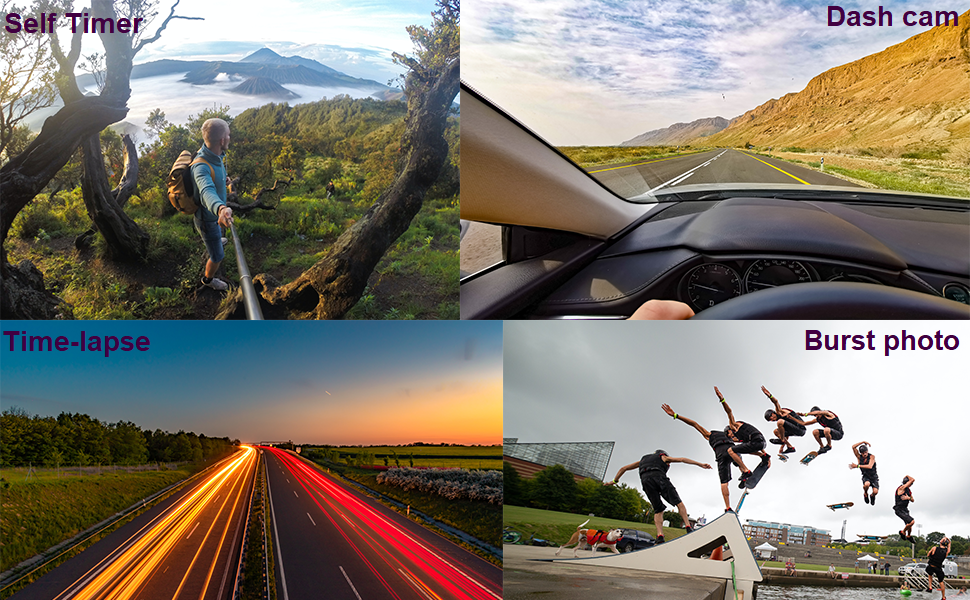 Collage of four camera scenes: selfie in nature, dashboard view, time-lapse of highway at night, and action shot of people jumping.