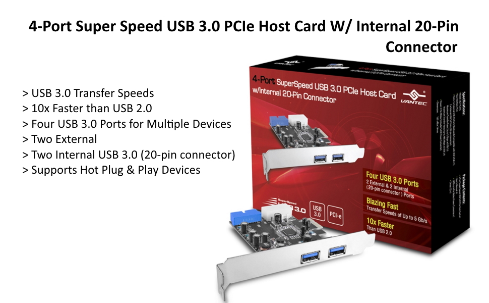 4-Port, Super Speed, USB 3.0, PCIe Host Card, 20 pin header
