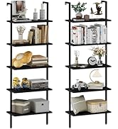 aboxoo Ladder Shelf 2PCS Open Bookshelf 5-Tier Wood Wall-Mounted Black Bookcase Storage Rack Open...