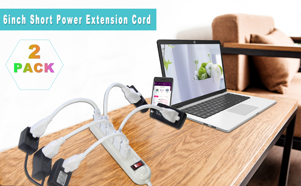 Short 3Prong Power Extension Cord - White 6inch Mini Indoor Grounded Extension Cord