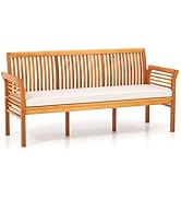 Tangkula 3-Seat Patio Acacia Wood Bench with Cushion, 62.5” Extra Long Outdoor Chair with Dense S...
