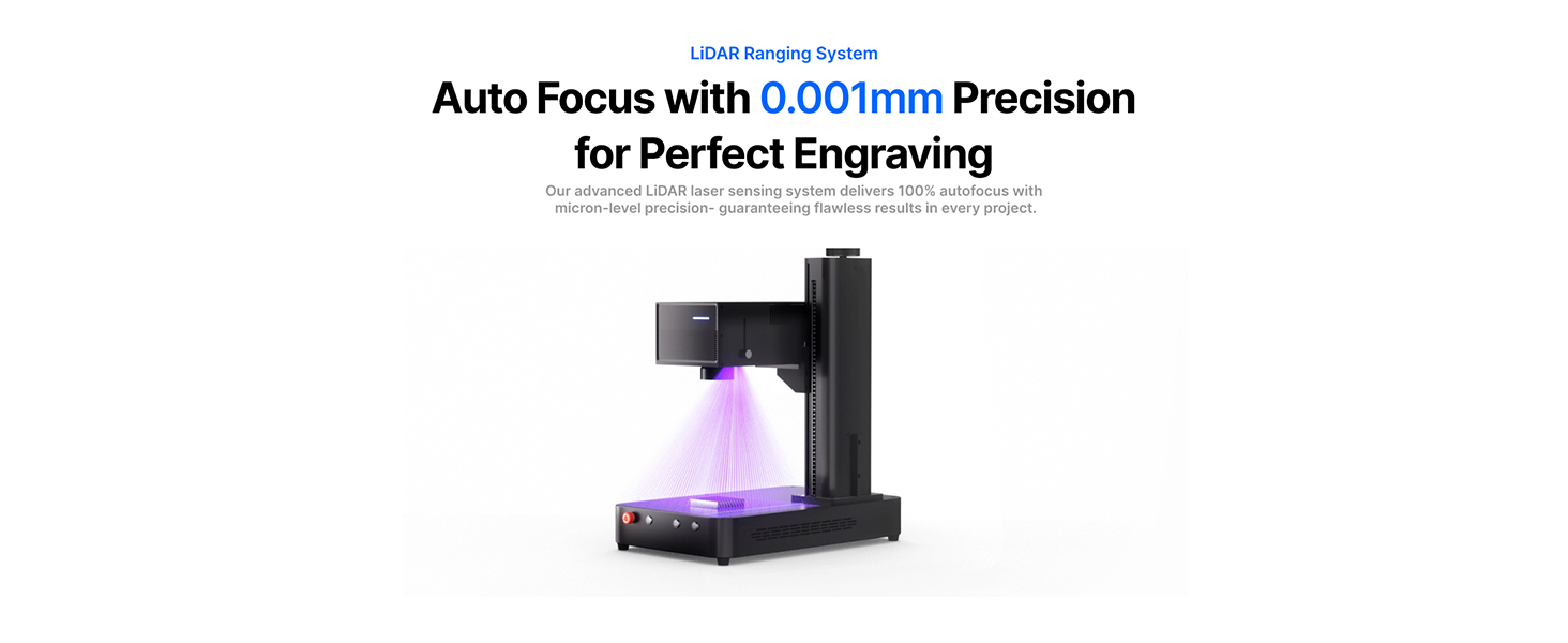 Text reads 'Auto Focus with 800mm Precision for Perfect Engraving'. 3D printer or laser engraving machine shown with purple illuminated component and black frame structure.