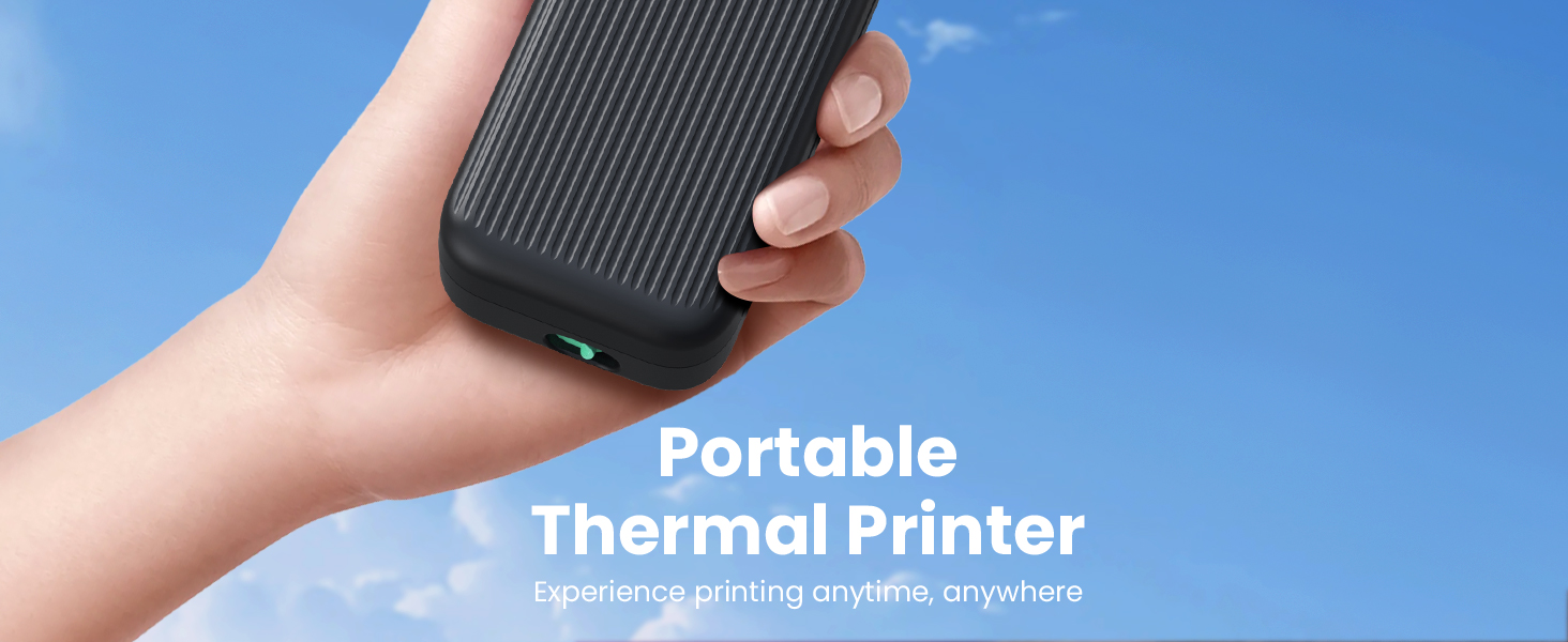 Text reads 'Thermal Printer'. Product demonstration showing handheld device against blue background.