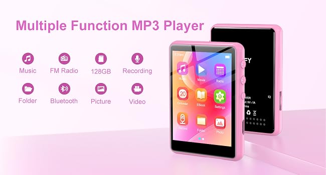 Pink MP3 player with large touchscreen display showing colorful app icons. Features include music playback, FM radio, 128GB storage, recording, folder organization, Bluetooth, picture viewing, and video playback.
