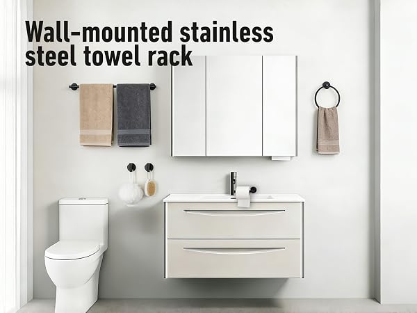 Wall-mounted towel rack, including towel rack, towel rings, hooks, and toilet paper holder
