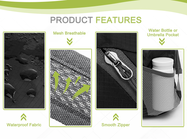 SUIKIHUM backpack features: waterproof, breathable mesh, smooth zipper, water bottle pocket.