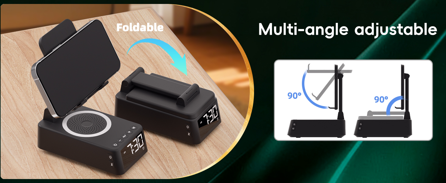 Text reads 'Foldable' and 'Multi-angle adjustable'. Phone stand shown in black with wireless charging capability, demonstrated in multiple viewing angles.