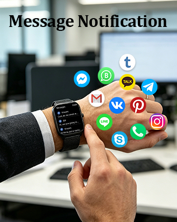 Text reads 'Message Notification'. Smartwatch on wrist displaying message notification icons with multiple app logos (Telegram, messaging, social media platforms). Shows app notification capability on wearable device.