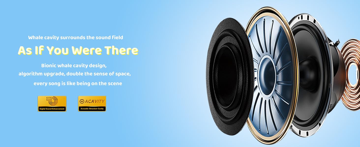 Exploded view diagram of a speaker or audio driver showing internal components including cone, surround, and mounting frame against light blue background.