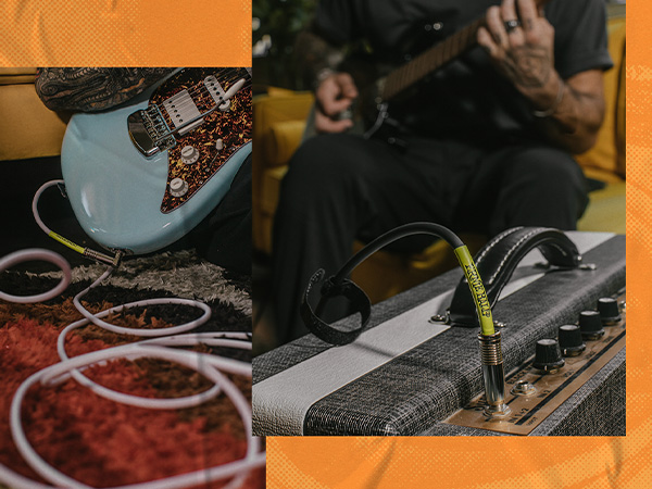 guitar, cables, and amp