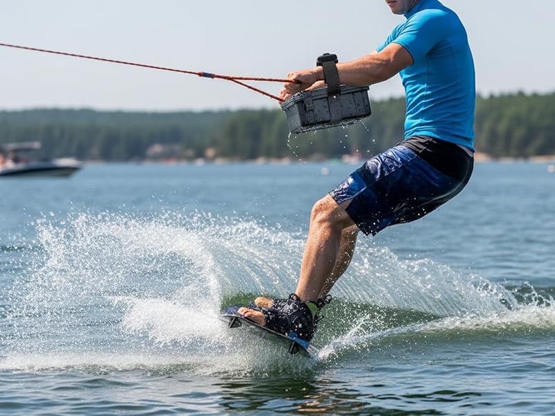 Series of action shots showing someone wakeboarding on a lake, creating splashes while gliding across the water surface in blue attire.