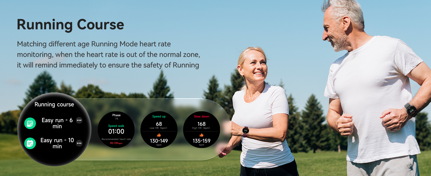 Text reads 'Running Course'. Interface showing circular fitness tracking displays with green indicators and metrics against backdrop of outdoor exercise scene.