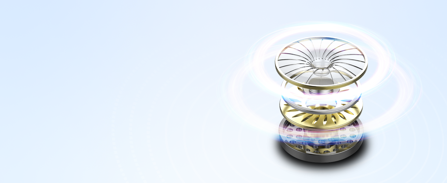 Exploded view of a circular device with metallic components and transparent casing against light blue background.