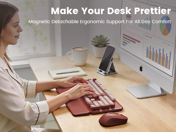 Woman typing on wine red wireless keyboard mouse combo with wrist rest on tidy desk