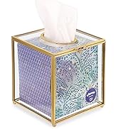 Sumnacon Square Clear Glass Tissue Box Cover -Dainty Cube Tissue Box Holder, Gorgeous Gold Facial...