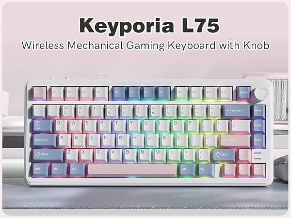 Keyporia L75 wireless mechanical gaming keyboard with RGB backlighting and a control knob