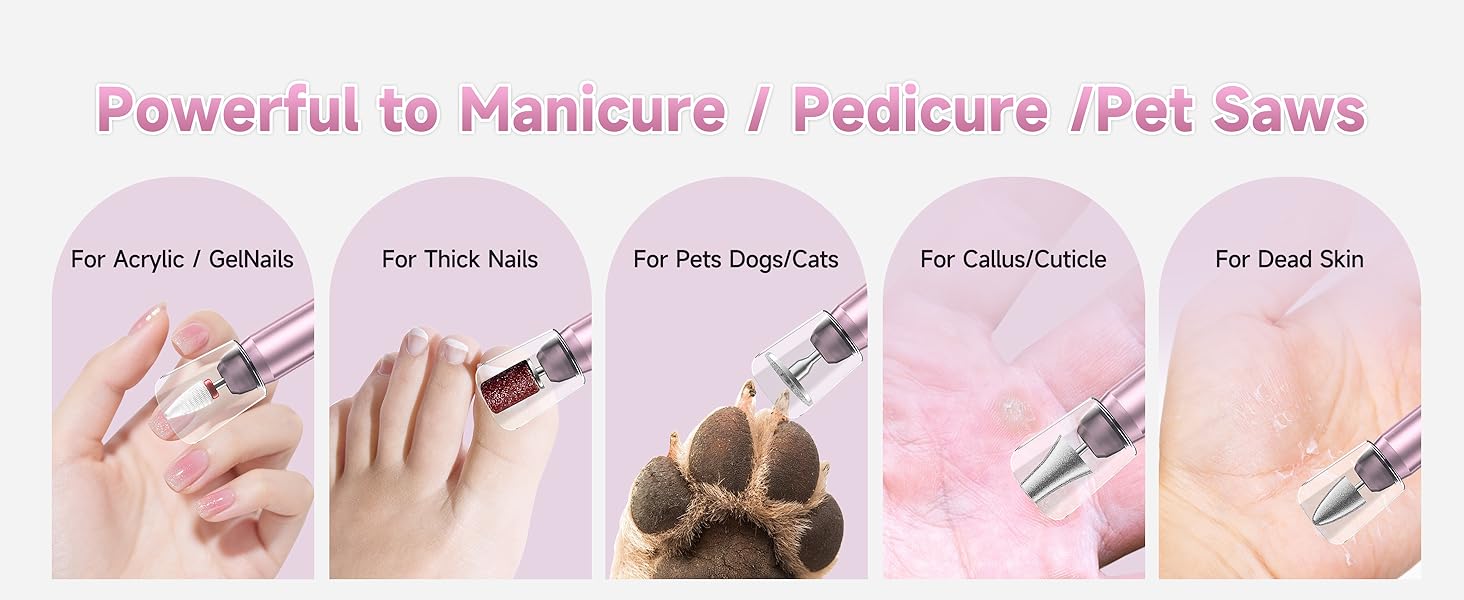nail drill comes with 12 drill bits, 36 sanding bands, a dust cover, and a velvet storage pouch